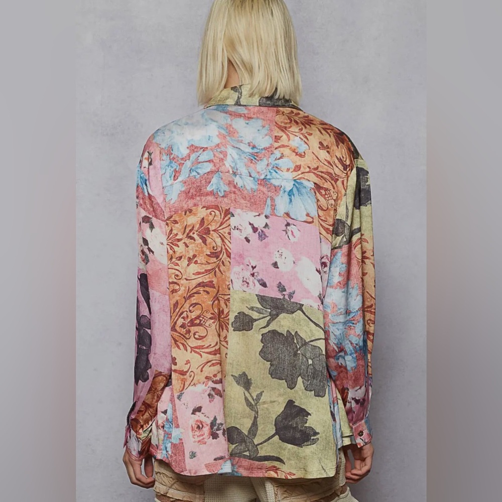 POL The Rose Patchwork Top Button Down Shirt Large - image 2